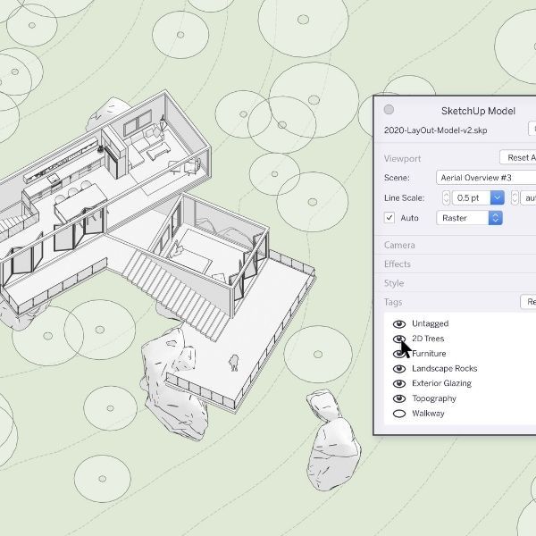 A landscape design visualization of a garden with trees, plants, and hardscaping elements, demonstrating SketchUp Studio's ability to create detailed outdoor environments.